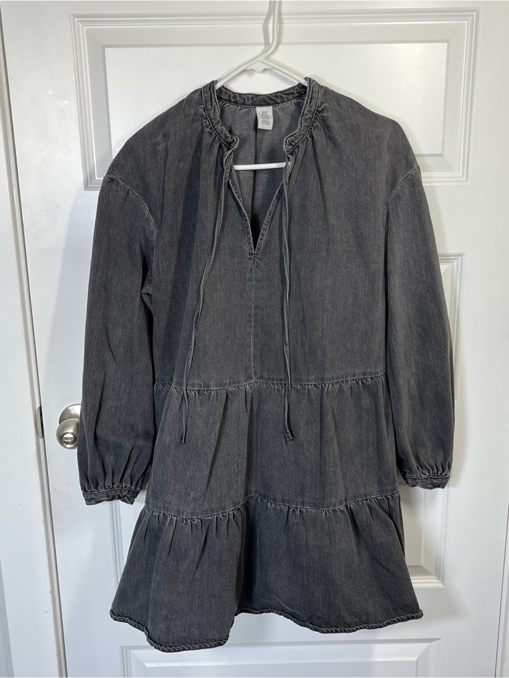 H&M Washed Black Denim Tiered Babydoll Mini Dress XXS